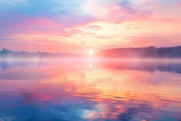 Fototapeta premium A serene lake at sunrise, featuring vibrant colors reflecting on the calm water, surrounded by mist and distant trees, creating a peaceful and tranquil atmosphere