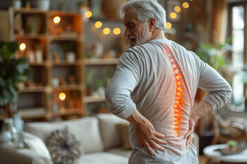 Middle-aged man gripping his lower back, red highlighting back pain
