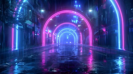 Shimmering Kaleidoscopic Neon Arches Illuminating RainSlicked Urban Environment