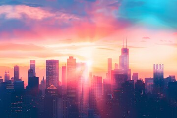Fototapeta premium A vibrant city skyline at sunset, showcasing a blend of tall buildings illuminated by warm orange and pink hues, creating a stunning visual contrast with the sky