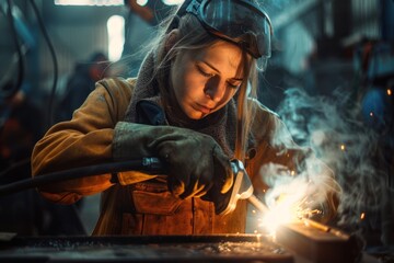 Woman industrial welder with blowtorch at work