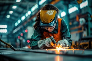 Woman industrial welder with blowtorch at work