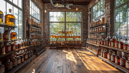 Fototapeta premium Whiskey Bottles Displayed In Brick Warehouse. Rows of whiskey bottles on shelves in a brick warehouse.