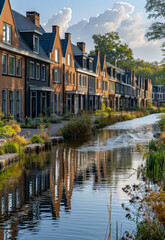 Row of Houses Reflecting in Canal. A row of houses with brick facades and black roofs line a canal, with their reflections visible in the water.