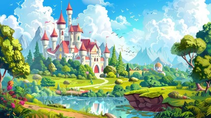 A bizarre and lively fairytale castle landscape with a magical kingdom. Suitable for children's books.
