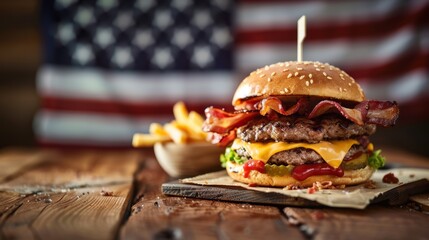 A mouthwatering burger topped with bacon and cheese, served with fries, set against a backdrop of the American flag, evoking an indulgent, patriotic dining experience