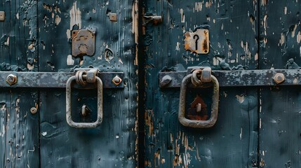 Weathered Rustic Security Door with Textured Patina Lock and Entrance Access