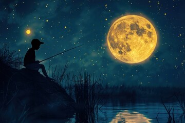Fototapeta premium Young boy fishing silhouette with full moon at night