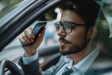 Young business working and call phone in car during travelling to office
