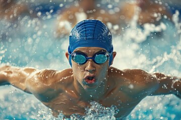 young man swimming in a competitive race, performing the butterfly stroke with intensity and focus
