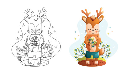 Cute deer Coloring Page Black and White and Colored Versions. Childrens animals set. 