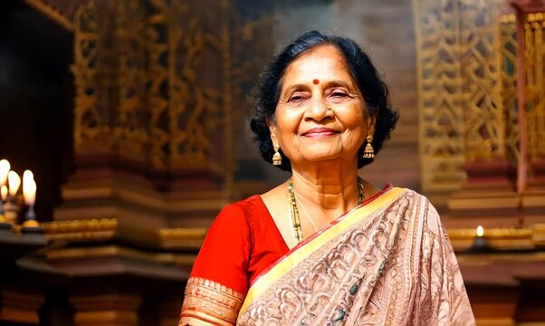 Medium shot portrait of an Indian woman in her 60s wearing traditional sari in a hindu temple