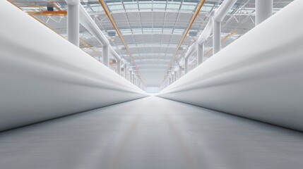 Fototapeta premium A detailed view of a wind turbine blade manufacturing facility, with copy space, high-resolution photo, hyper realistic