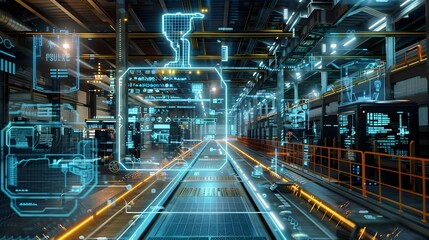 Fototapeta premium Futuristic Digital Twin Security Monitoring in Smart Manufacturing Facility