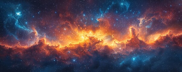A colorful galaxy with orange clouds and blue stars