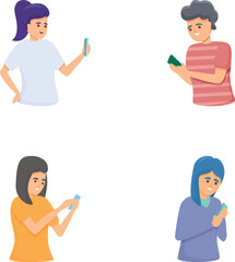 Fototapeta premium Phone user icons set cartoon vector. Young people looking at smartphone. Smartphone addiction