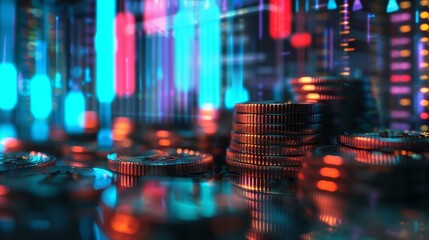 Fototapeta premium A vibrant, digitally rendered scene showcasing stacked coins amidst colorful light patterns, symbolizing cryptocurrency and financial technology