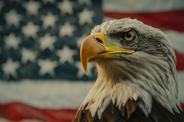 Naklejka premium A majestic bald eagle poses in front of the American flag, symbolizing freedom and strength, with sharp eyes and distinct plumage highlighting its features