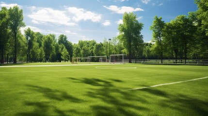 Fototapeta premium A pristine soccer field with goal posts and lush green grass
