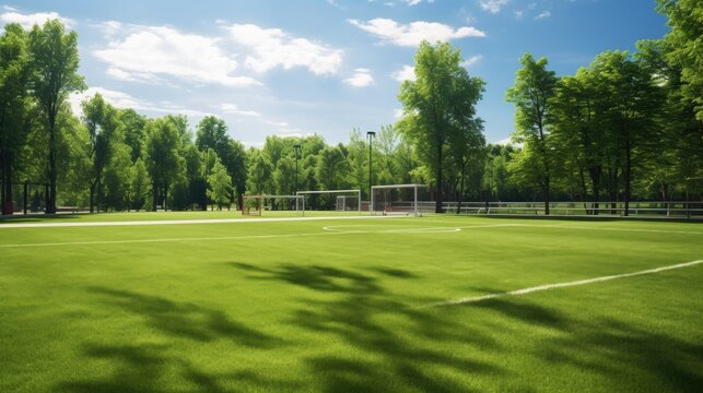 A pristine soccer field with goal posts and lush green grass