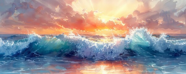 A painting of a wave with a sunset in the background