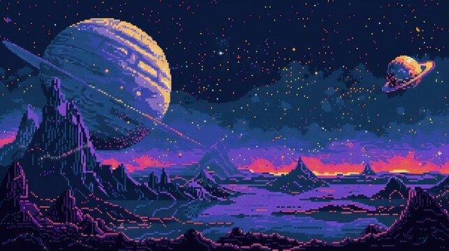 Mesmerizing extraterrestrial pixel art scene with a large textured planet and a distant ringed planet set against a starry nebula