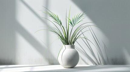 Minimalist vase with green plant on white background