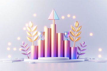Vibrant 3D visualization features an engaging growth chart with colorful trophies and lush plants, symbolizing success and inspiring viewers to excel