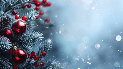 Frosty Pine Branches with Christmas Ornaments in Snow