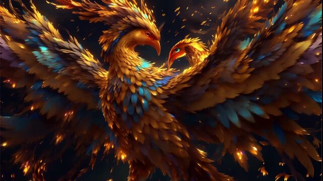 phoenix rises from ashen remnants, its fiery plumage shimmering with golden hues