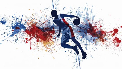 illustration of silhouette basketball player with splashes and color blue, red, white on background with french flag colors, white background Generative AI