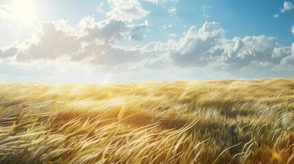 A view of a wheat field in the wind with a sunny sky background