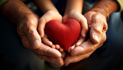 Fototapeta premium Closeup of grandfather and granddaughter holding hands and holding a red heart. Cupped hands of an adult and a child holding a red fabric heart. Concept of love, care and comfort. Generative Ai.