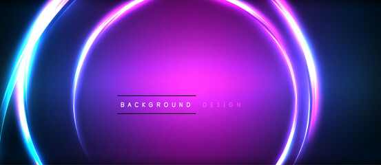 Neon glowing circle rays, light round lines in the dark, planet style neon wave lines. Energetic electric concept design for wallpaper, banner, background