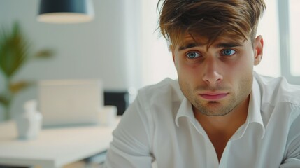 Fototapeta premium Tearful Professional in Stylish Office Setting, Close-Up of Despair