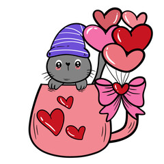 Gray Cat in Pink Coffee Cup with Heart Balloons - Valentine’s Day Vector Clipart and Illustration.