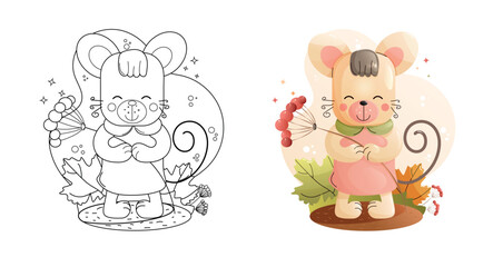 Cute Mouse Coloring Page Black and White and Colored Versions. Childrens animals set. 
