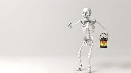 Fototapeta premium Minimalist 3D Halloween Skeleton Character Holding Lantern on White Background
