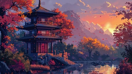 Obraz premium Peaceful pixel art featuring a traditional Asian pagoda and autumn foliage, with a dithered 8-bit sunset creating a tranquil evening atmosphere.