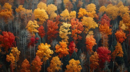 Vibrant Autumn Foliage Display in a Forest During Early Morning Hours. Generative AI
