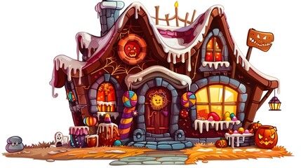 Spooky Candy Covered Halloween House with Eerie Furniture Suitable for Sticker Design