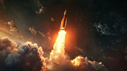 Fototapeta premium Rocket taking off from a launchpad with flames and smoke