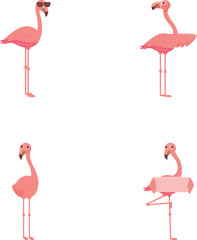 Cartoon flamingo icons set cartoon vector. Cute pink flamingo bird. Cartoon character