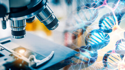 Laboratory research, scientist using microscope to checking gene or DNA for develop vaccine or...
