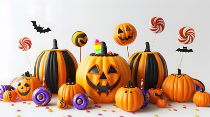 Festive Halloween Pumpkins Bats and Candy on White Background