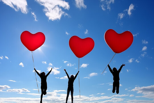 Three people joyfully holding large red heart balloons against a bright blue sky during daylight