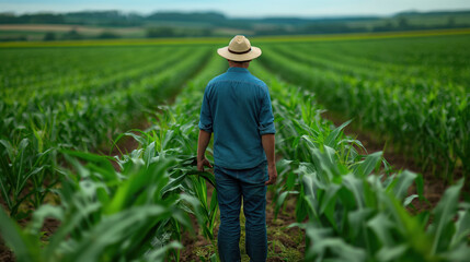 Fototapeta premium Rear view of a male farmer standing on the corn field