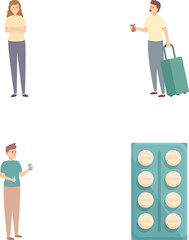 Time lag icons set cartoon vector. Tired tourist after air travel. Flight, jet lag