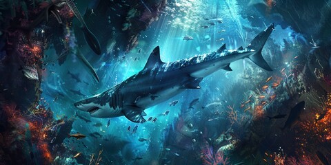 Fototapeta premium Majestic Great White Shark in the Ocean Depths. Underwater wildlife concept