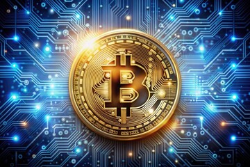 Golden bitcoin emblem prominently displayed over an illuminated digital circuit board background. symbolizes modern cryptocurrency, digital finance, and advanced blockchain technology.